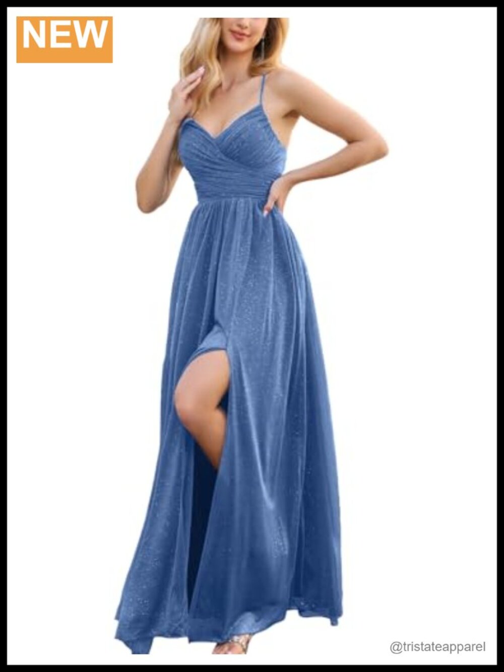 Women Formal Maxi A-Line Dress V-Neck Spaghetti Strap High Slit Evening Gown